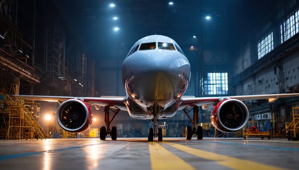 Aircraft in hangar for maintenance. Inspection, repair, or upgrades purpose photo