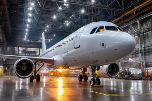 Airplane in a hangar undergoes inspection, for use in illustrating aviation industry photo