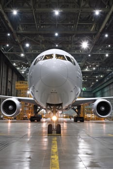 Airplane stands in repair hangar, ready for maintenance check, and future flight photo