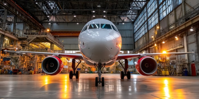 Airplane inspection in hangar. Aircraft maintenance for safety and aviation travel photo