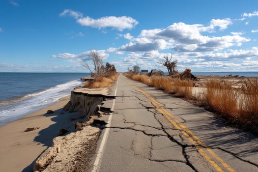 Eroded road leads to damaged homes near the sea, shows environmental disaster photo