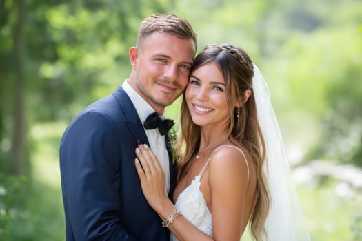 Just married couple embraces on wedding day. Happiness background for card photo