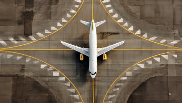 Aircraft aligned on tarmac, preparing for takeoff, travel or transport conceptual photo