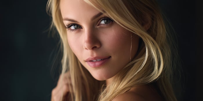 Blonde Woman looking at the camera in studio with dark background portrait style photo
