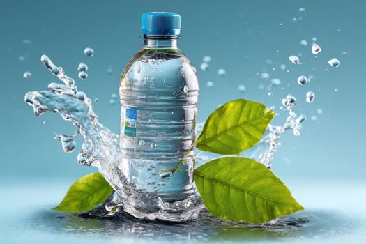 Hydration Water bottle splash with leaves on a blue backdrop for wellness ads photo
