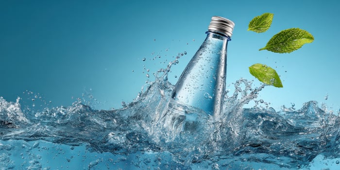 Water bottle splashing with leaves. Hydration for health and wellness concept photo