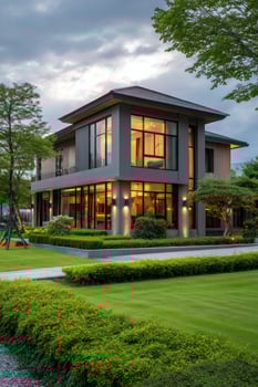Modern house with lights on at twilight, greenery and walkway, for real estate photo