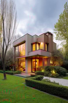 Modern house exterior, luxury real estate, sunny illuminated garden background photo