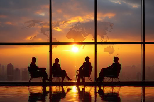 Teamwork meeting with global expansion plans at sunset in office for success photo