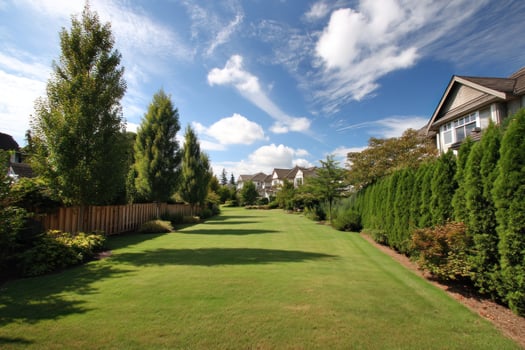 Green lawn near houses under blue sky with clouds, peaceful community living. photo