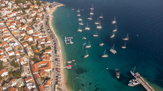 High view of the tourist town of Primosten in Croatia. A summer tourist attraction in this coastal town on the Adriatic Sea photo