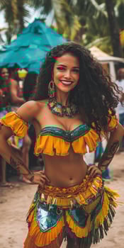 A woman in a colorful costume at a beach party photo