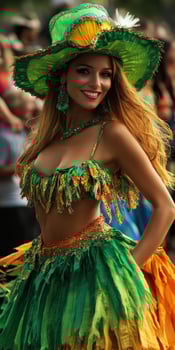 A woman in a green and yellow costume photo