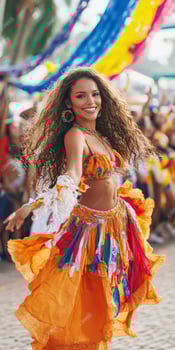 A woman in colorful dress dancing at a carnival photo