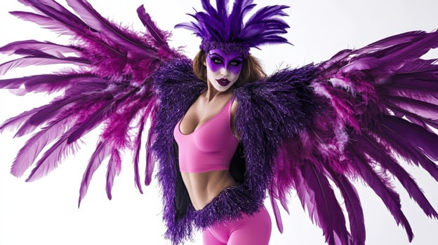 A woman in purple and purple feathers with a mask photo