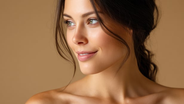 Smiling woman looking to side, brown background, beauty shoot, healthcare, wellness photo
