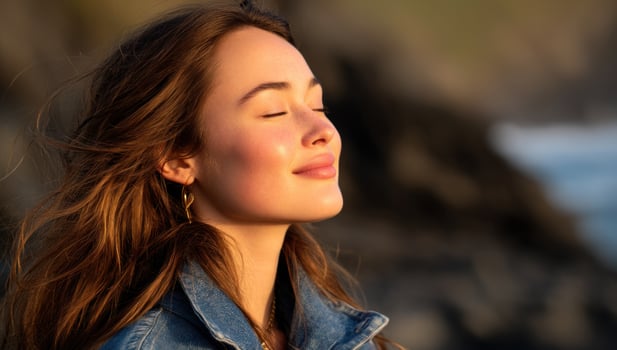 Young woman breathing fresh air on a beach at sunset. Background is blurry rocks photo
