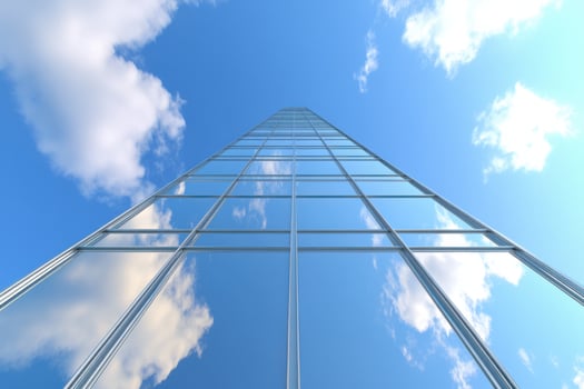 Modern skyscraper reflecting clouds, urban architecture, upward view, commercial building, great outdoors, sky, business photo
