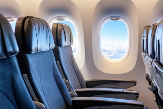 Airplane seats, window view, empty cabin, travel, comfort, interior, photo