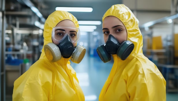 Two workers in protective suits, factory setting, safety procedures photo