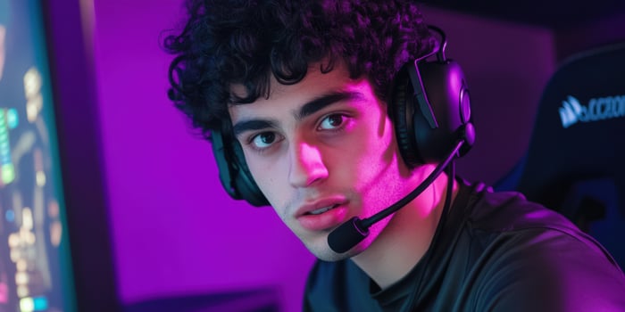 Teen Gamer Focused on Game, Neon Lighting photo