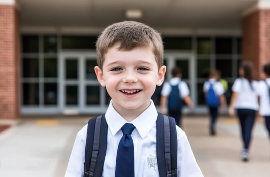Boy in school uniform at school entrance photo