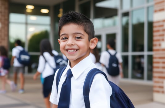 Schoolboy smiles, school entrance, happy kids photo