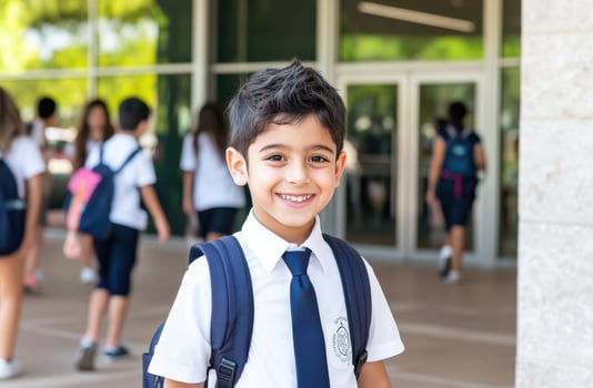 Boy in school uniform, school entrance, happy expression, possible for educational resource photo