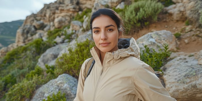 A woman in a jacket standing on a rocky hill photo