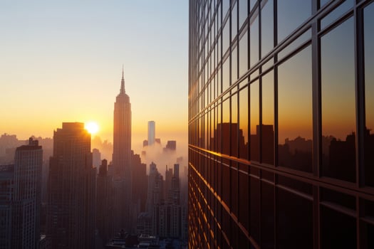 NYC Skyline Sunrise Reflected in Glass Building photo