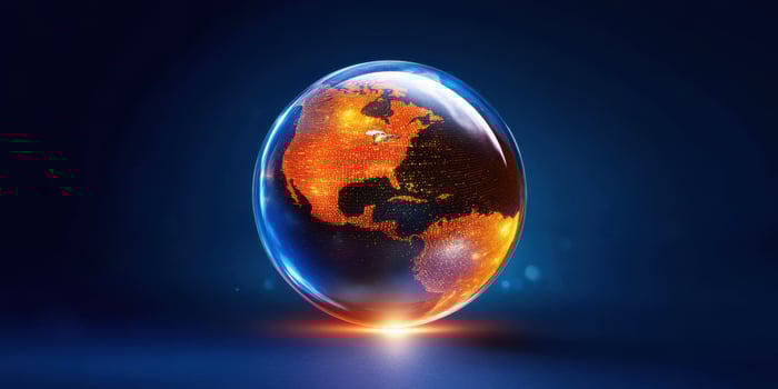 Glowing Earth Globe with Illuminated Continents and Stars in Background photo