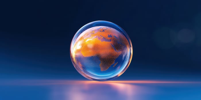 A translucent globe showcasing Earth's continents, illuminated by warm light photo