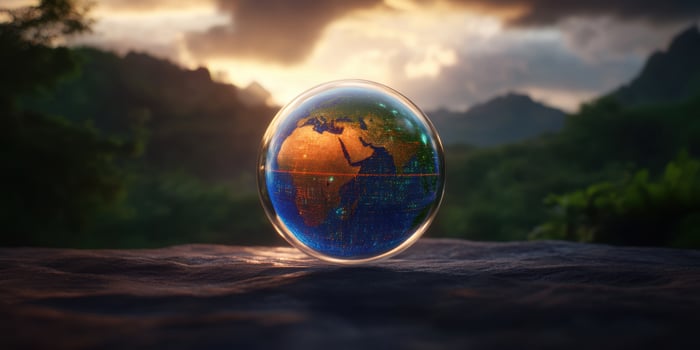 A globe sitting on a rock with a sunset in the background photo