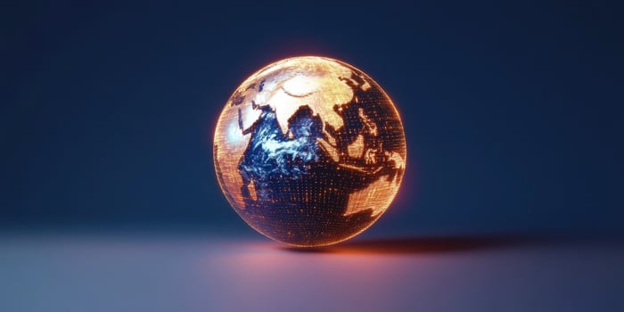 Glowing Earth Sphere with Digital Data Overlay Against Dark Background photo
