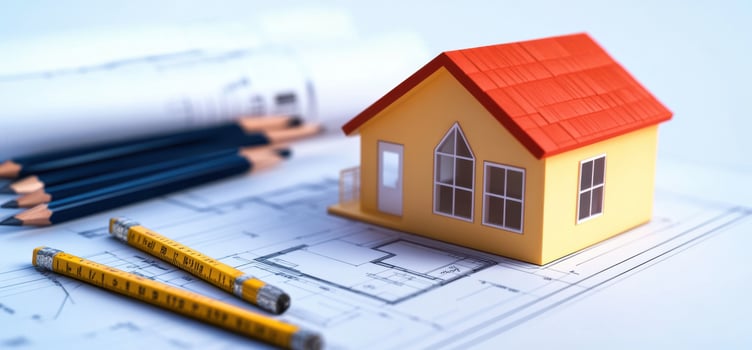 Small model house on architectural blueprints with pencils nearby photo