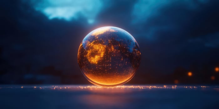 Glowing globe representing Earth at dusk with city lights in background photo