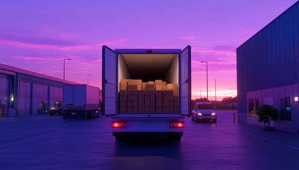 Delivery truck unloading boxes at sunset in a warehouse area photo