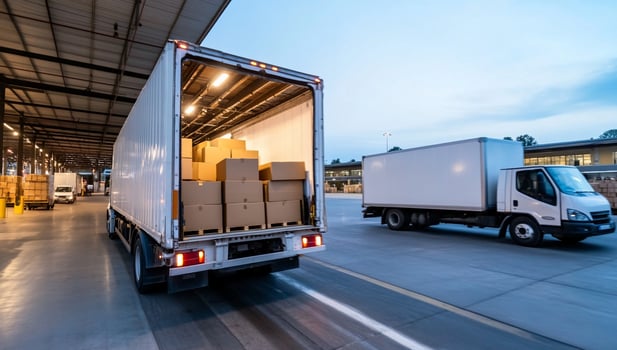 Delivery trucks unloading cargo at a warehouse during twilight hours photo