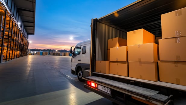 Delivery truck unloading boxes at a warehouse during sunset photo