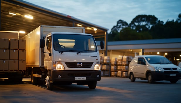 Delivery trucks unloading goods at a warehouse during twilight hours photo