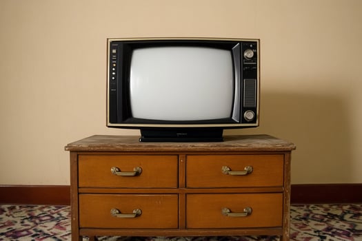 Vintage television set on wooden cabinet in a retro living room photo