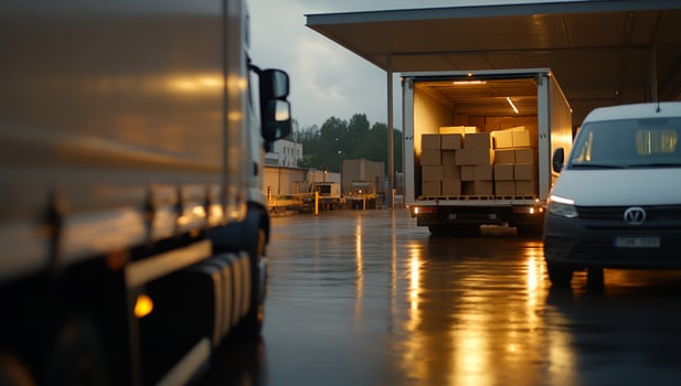Trucks unloading cargo in a rainy industrial area at dusk photo