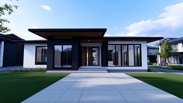 Modern single-story house with large windows and landscaped front yard photo