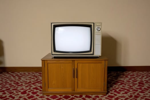Vintage television set on wooden cabinet in a minimalist room setting photo