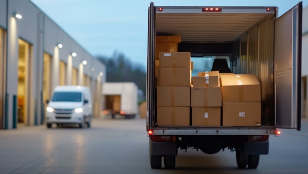 Delivery truck unloading packages at a warehouse during twilight hours photo
