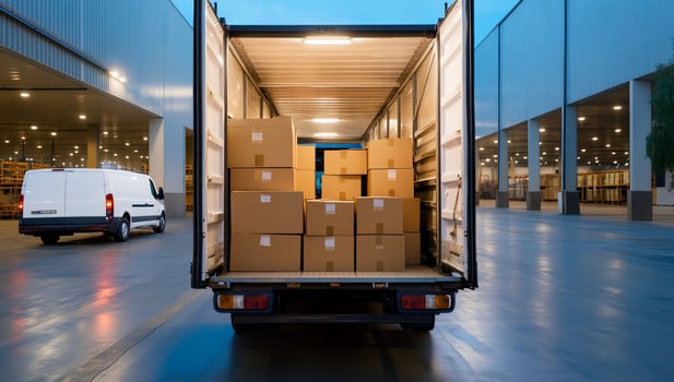 Delivery truck unloading boxes at warehouse during twilight, busy logistics scene photo