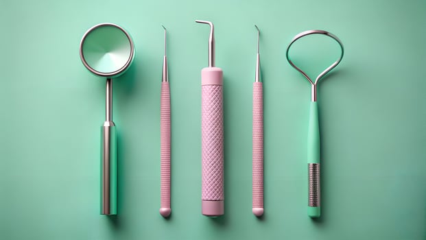 Dental Tools on Turquoise Background Mirror Explorer Probe and Hoe for Oral Hygiene set dental photo