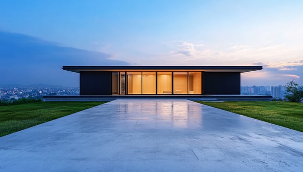 Modern minimalist house at dusk overlooking a city skyline with reflections photo