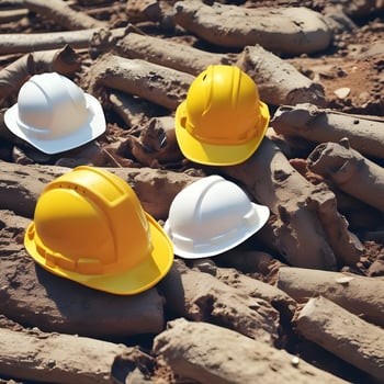 Scattered Hard Hats on Construction Site A Safety First Perspective photo