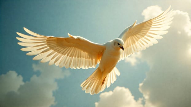 A White Dove Soaring Through A Bright Sky With Fluffy Clouds In The Background On A Sunny Day photo